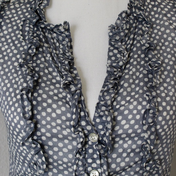 Gray-Blue & White Polka Dot Sleeveless Ruffle Detail Button Down Shirt - Picture 2 of 7
